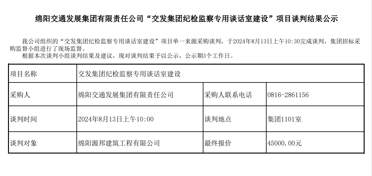 綿陽交通發(fā)展集團(tuán)有限責(zé)任公司“交發(fā)集團(tuán)紀(jì)檢監(jiān)察專用談話室建設(shè)”項(xiàng)目談判結(jié)果公示.png